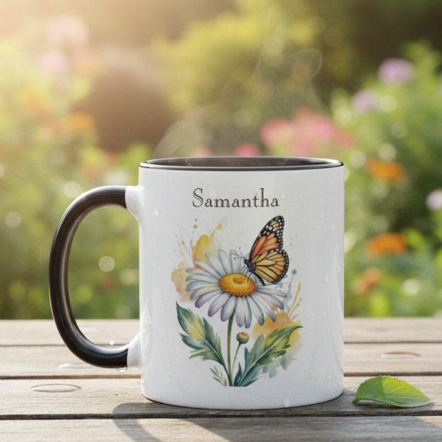 Butterfly Daisy Two-Tone Personalized Mug Tasse (Monarch butterfly and daisy personalized coffee mug)