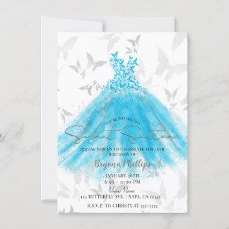 Butterfly Dance Aqua Blue Dress Sweet 16 Party Einladung