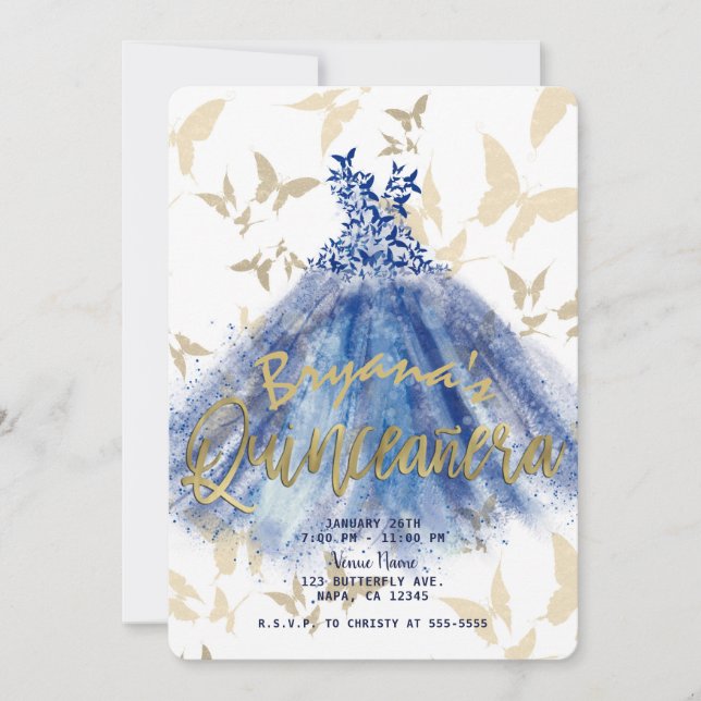 Butterfly Dance Blue Dress Gold Quinceñera 15 Einladung (Vorderseite)