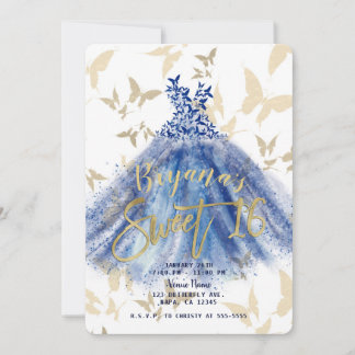 Butterfly Dance Blue Dress Gold Sweet 16 Einladung