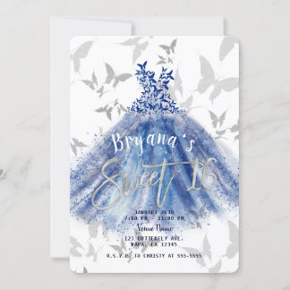 Butterfly Dance Blue Dress Silver Sweet 16 Einladung