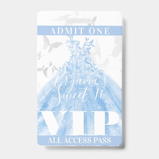 Butterfly Dance Blue Silver Sweet 16 VIP Pass Ausweis (Vorderseite)