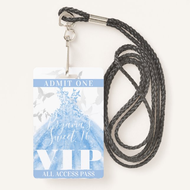 Butterfly Dance Blue Silver Sweet 16 VIP Pass Ausweis (Vorderseite mit Schlüsselband)