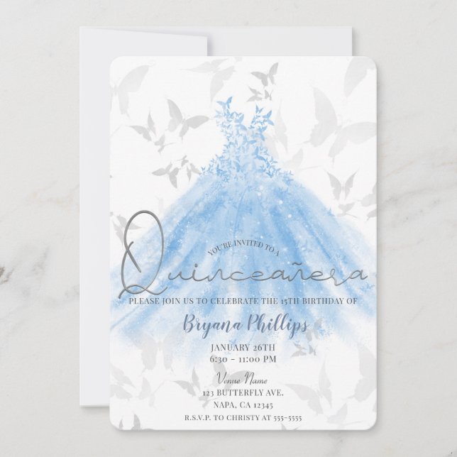 Butterfly Dance Blue Sparkle Dress Quinceañera 15 Einladung (Vorderseite)