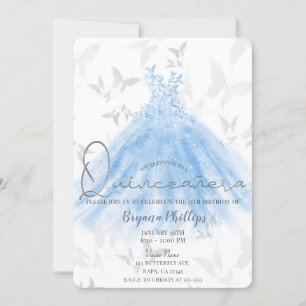 Butterfly Dance Blue Sparkle Dress Quinceañera 15 Einladung