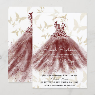 Butterfly Dance Burgundy Gold Dress Sweet 16 Party Einladung