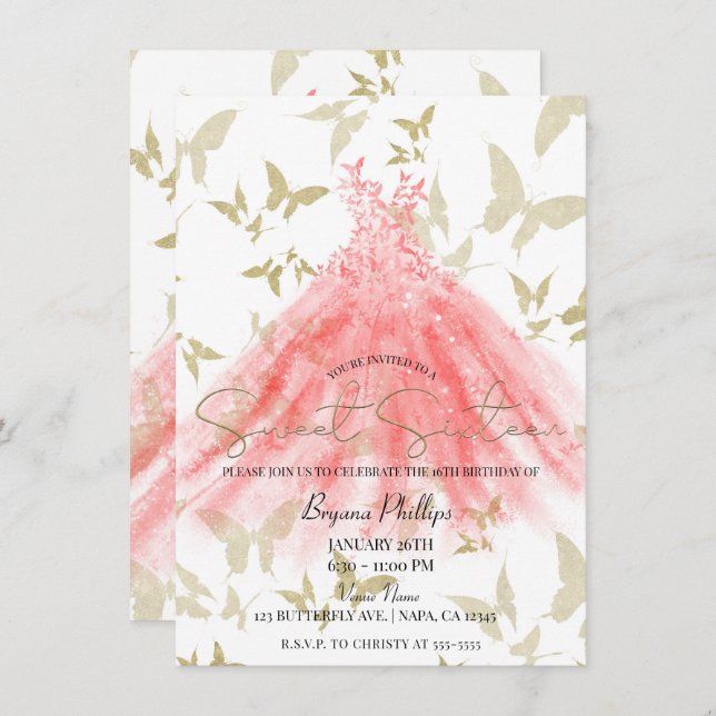 Butterfly Dance Coral Dress Gold Sweet 16 Party Einladung (Vorne/Hinten)