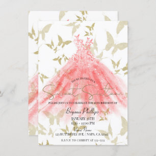 Butterfly Dance Coral Dress Gold Sweet 16 Party Einladung