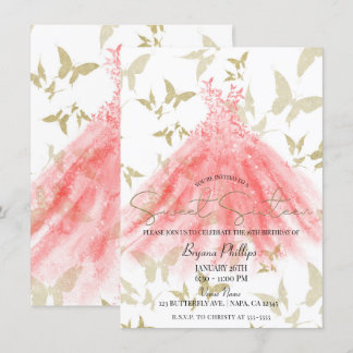 Butterfly Dance Coral Dress Gold Sweet 16 Party Einladung