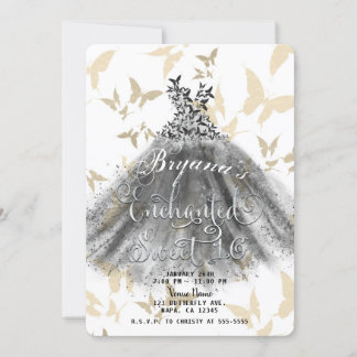 Butterfly Dance Dress Black Gold Sweet 16 Einladung