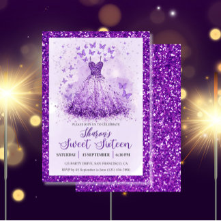 Butterfly Dance Glitter Purple Dress Sweet 16  Einladung