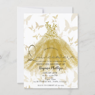 Butterfly Dance Gold Sparkenkleid Quinceañera Einladung