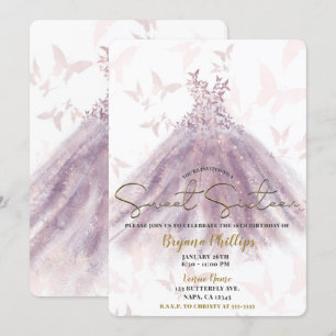 Butterfly Dance Mauve Sparkle Dress Gold Sweet 16 Einladung