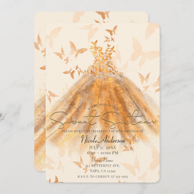 Butterfly Dance Orange Sparkle Dress Sweet 16 Einladung (Vorne/Hinten)