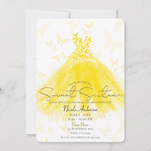 Butterfly Dance Yellow Dress Sweet 16 Party Einladung (Vorderseite)