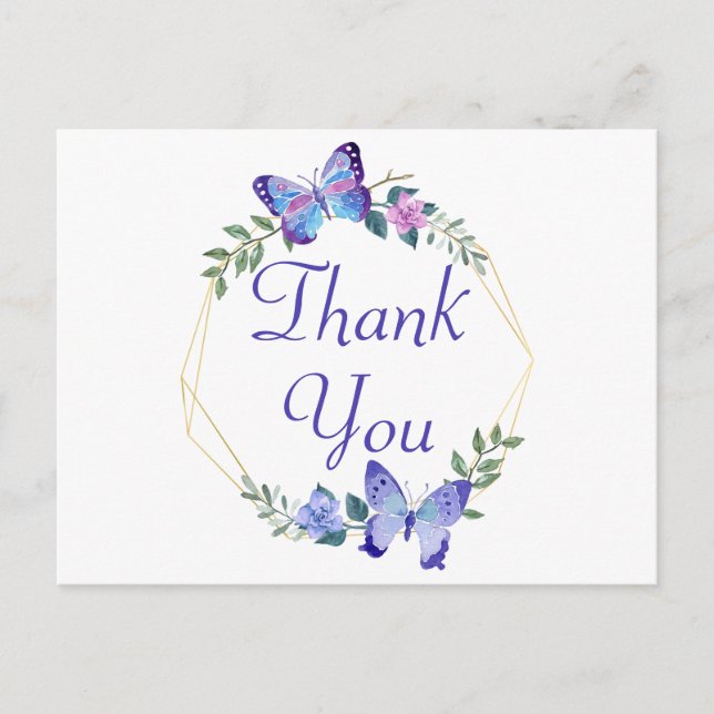 Butterfly danke Floral Wreath Blue Butterfly Postkarte (Vorderseite)