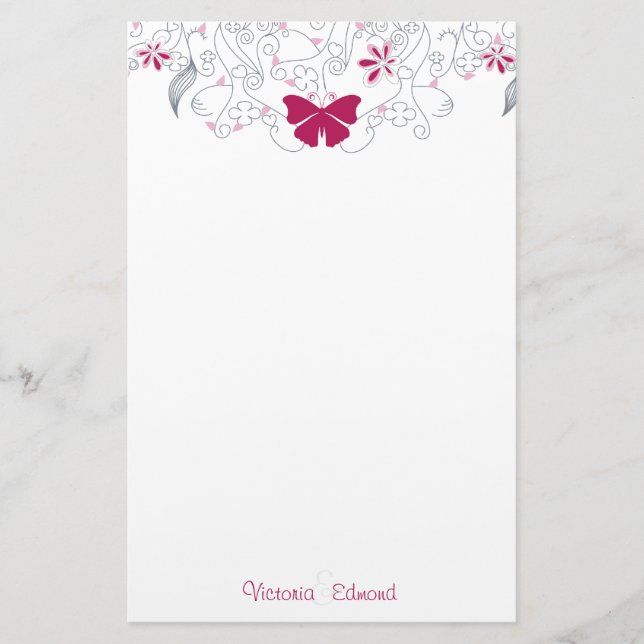 Butterfly Dark Pink Whimsy Personalisiert Stationi Briefpapier (Vorderseite)