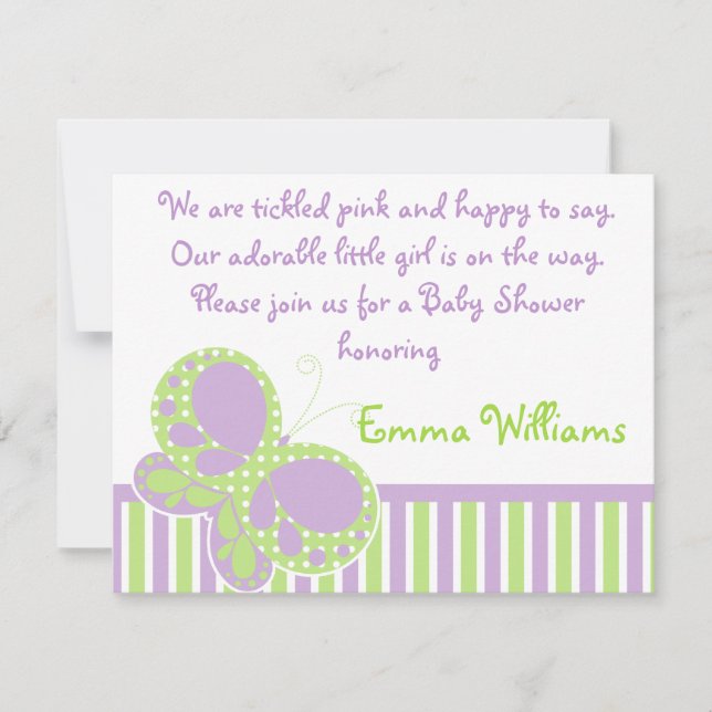 Butterfly Dots Babydusche Einladung Lila/Grün (Vorderseite)