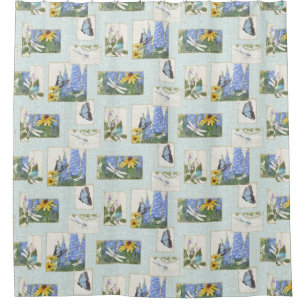 Butterfly Dragonfly n Bird Daisy Delphinium Blume Duschvorhang