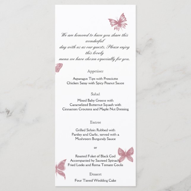 Butterfly Dreams: Dusty Rose Wedding Menu Menükarte (Vorderseite)