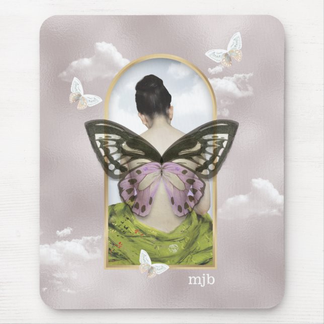 Butterfly Dreams Fantasy Collage mit Monogram Mousepad (Vorne)