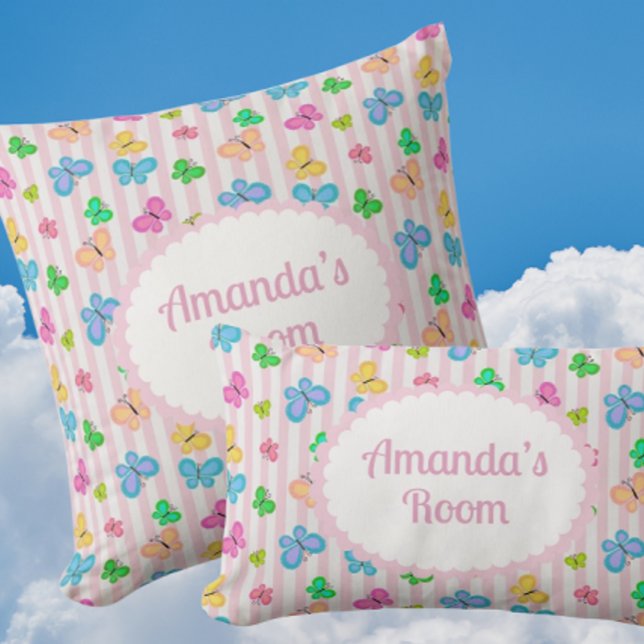 Butterfly Dreams Personalized Pink Stripe  Kissen (Personalize these sweet pillows for someone special!)