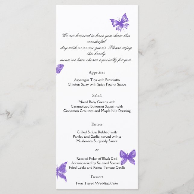 Butterfly Dreams: Violet Wedding Menu Menükarte (Vorderseite)
