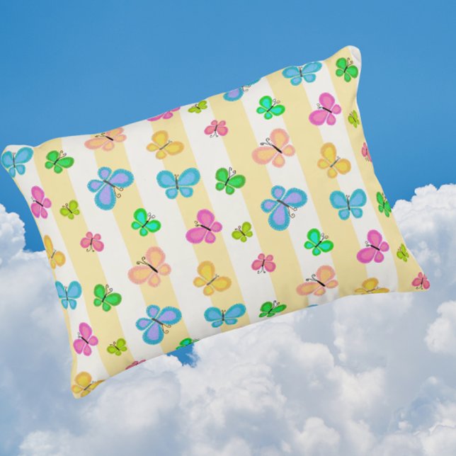 Butterfly Dreams Yellow White Stripe Dekokissen (Cheerful butterfly accent pillow)