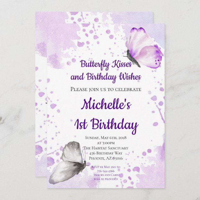Butterfly-Einladung, Erster Geburtstag, Lila Einladung (Vorne/Hinten)