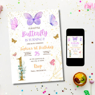 Butterfly Einladung zum 1. Geburtstag, Mädchen zum