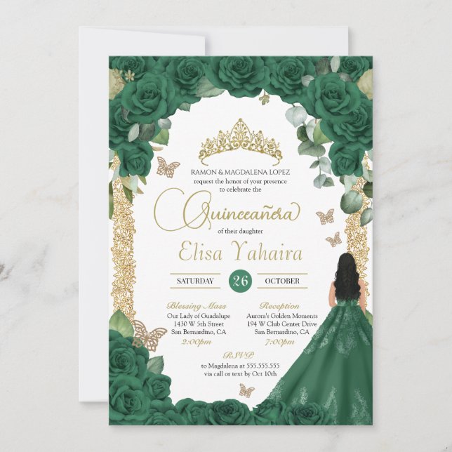 Butterfly Emerald Green Gold Princess Quinceanera Einladung (Vorderseite)