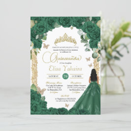 Butterfly Emerald Green Gold Princess Quinceanera Einladung