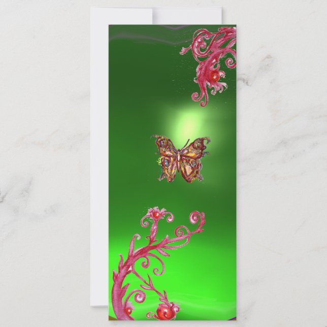 BUTTERFLY EMERALD, grün leuchtend rosa violett Einladung (Vorderseite)