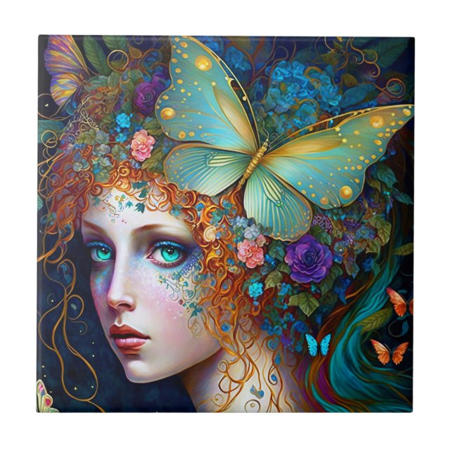 Butterfly Fairy Elf Lady Fantasy Art Fliese (Vorderseite)