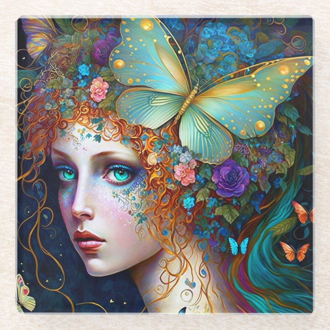 Butterfly Fairy Elf Lady Fantasy Art Glasuntersetzer (Vorderseite)