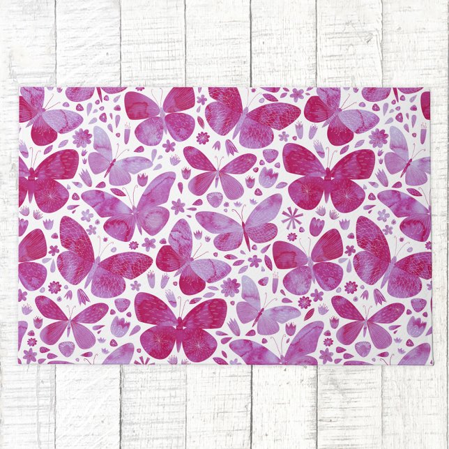 Butterfly-Farbmuster Rosa Fußmatte (Magenta hot pink watercolor butterfly pattern doormat)