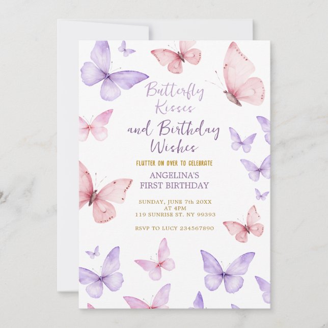 Butterfly First Birthday Invitation Girl Einladung (Vorderseite)
