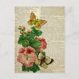 Butterfly floral art on vintage dictionary page postkarte