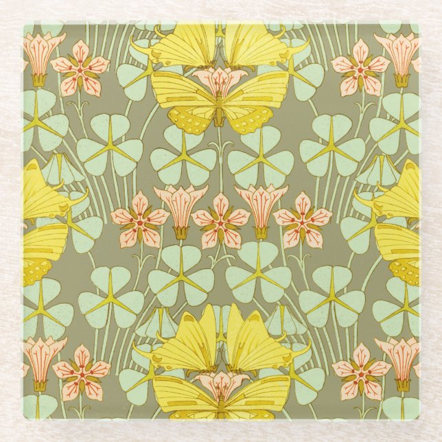 Butterfly Floral botanisch farbig Glasuntersetzer (Vorderseite)