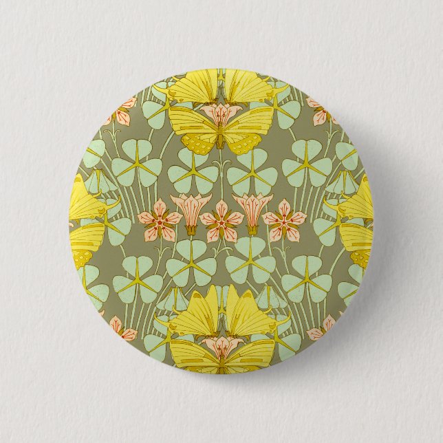 Butterfly Floral Botanischer Jugendstil Button (Vorderseite)