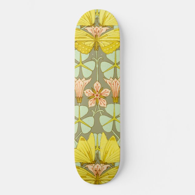 Butterfly Floral Botanischer Jugendstil Skateboard (Vorderseite)