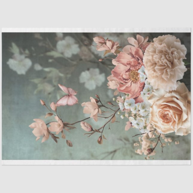 Butterfly & Floral Bouquet, rosa, grün & beige Seidenpapier (Vorderseite)