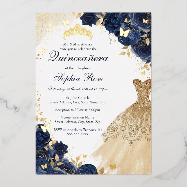 Butterfly Floral Dress Navy Gold Quinceanera Folieneinladung (Vorderseite)