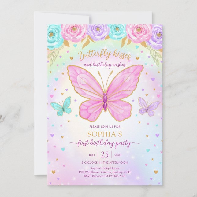 Butterfly Floral Girl Birthday Invitation Einladung (Vorderseite)