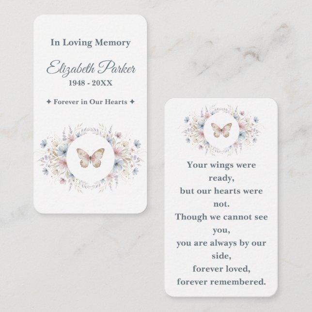Butterfly Floral Memorial Prayer Card Template Mitteilungskarte (Vorne/Hinten)