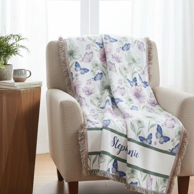 Butterfly Floral Pattern Throw Blanket Decke (Personalize butterfly floral throw blanket)