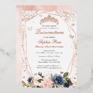 Butterfly Floral Pink Navy Quinceanera Folieneinladung