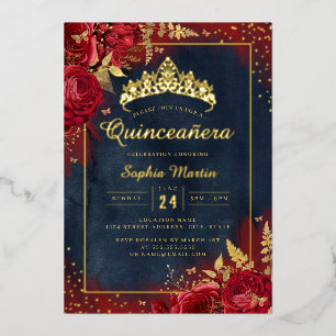 Butterfly Floral Red Gold Quinceanera Folieneinladung