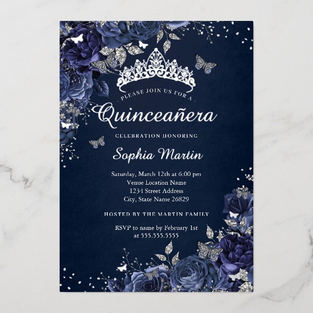 Butterfly Floral Royal Navy Quinceanera Folieneinladung (Vorderseite)