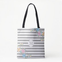 Butterfly Floral Strip Monogramm Grau Tote Beutel